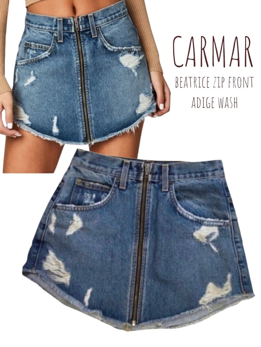 CARMAR Women beatrice zip front distressed Frayed denim jean skirt adige wash 26